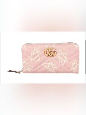 Gucci Calfskin Matelasse Ghost GG Marmont Zip Around Pink Wallet